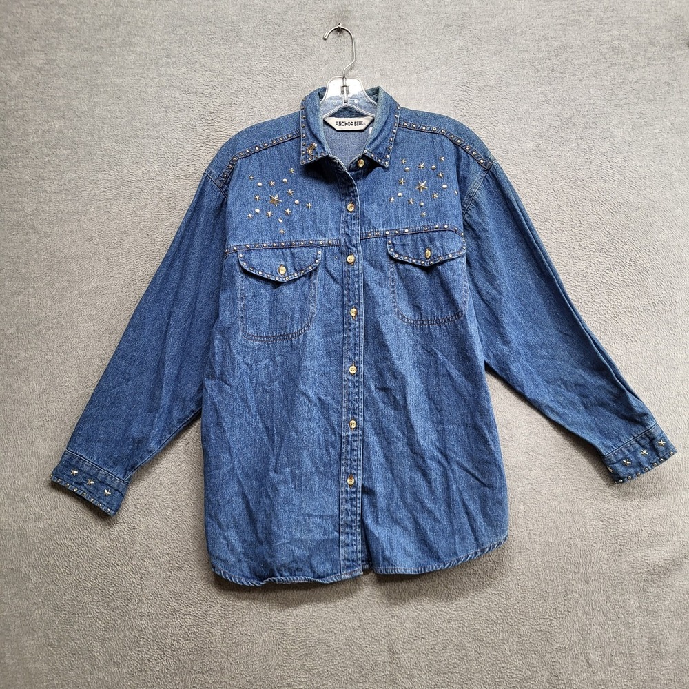 Anchor Blue Women Top Medium Blue Denim  Button Up Collar Long Sleeve Studded